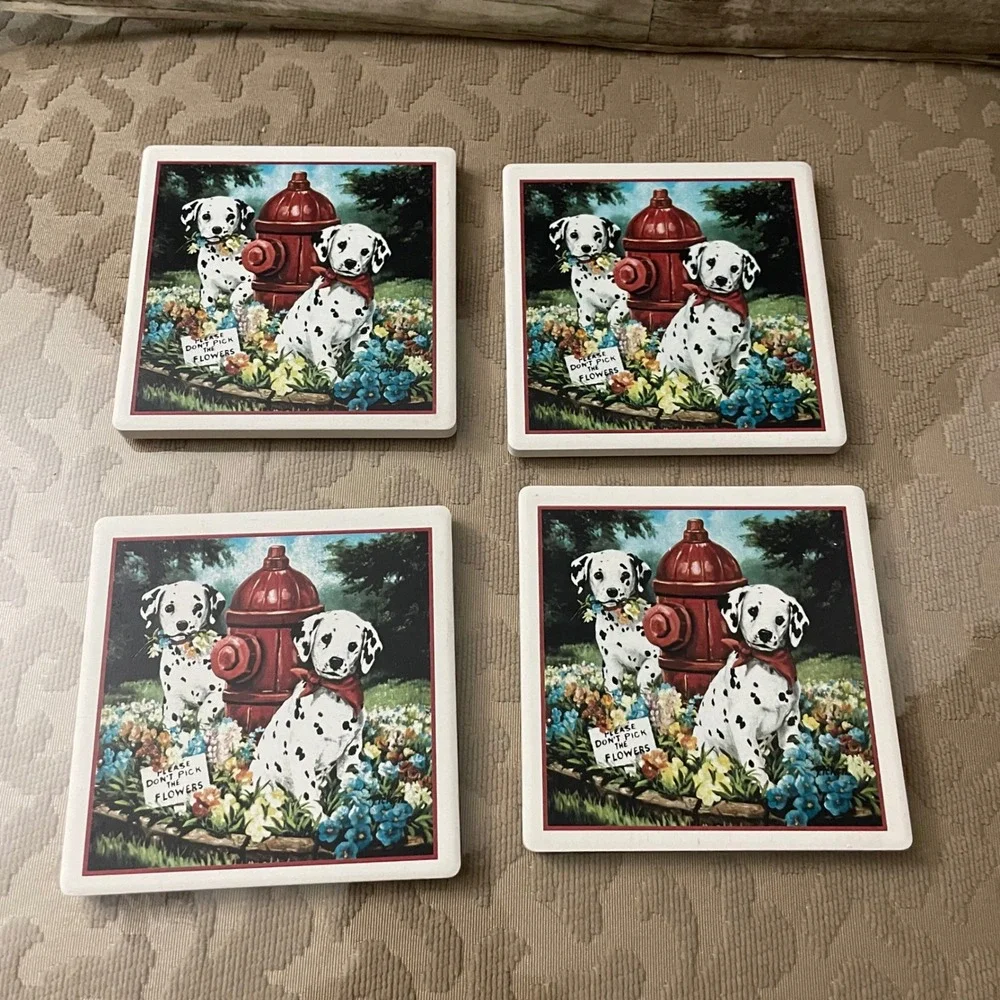 AbsorbaStone Dalmatian Puppy Fire Hydrant Absorbent Stone Coaster Set of 4